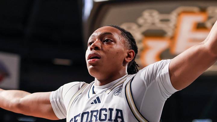 Mar 4, 2026; Atlanta, Georgia, USA; Georgia Tech Yellow Jackets guard Akai Fleming (0) plays defense against the California Golden Bears during the first half at McCamish Pavilion. Mandatory Credit: Jordan Godfree-Imagn Images