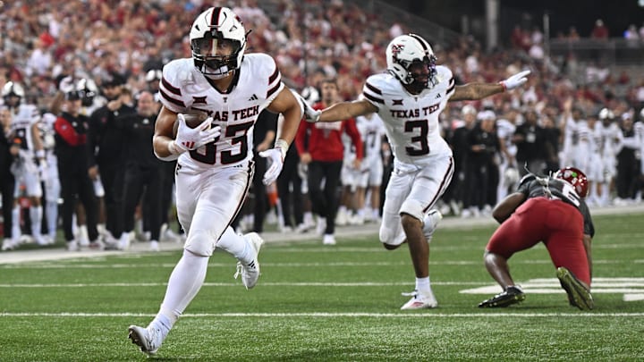 Sep 7, 2024; Pullman, Washington, USA; Texas Tech Red Raiders running back Cameron Dickey (33) scores a touchdown against the Washington State Cougars in the second half at Gesa Field at Martin Stadium. Washington State Cougars won 37-16. Mandatory Credit: James Snook-Imagn Images