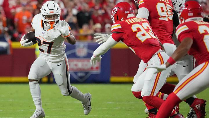 Sep 14, 2026; Kansas City, Missouri, USA; Denver Broncos running back J.K. Dobbins (27) rushes the ball in the first half against the Kansas City Chiefs at GEHA Field at Arrowhead Stadium. Mandatory Credit: Denny Medley-Imagn Images Sep 14, 2026; Kansas City, Missouri, USA; Denver Broncos running back J.K. Dobbins (27) rushes the ball in the first half against the Kansas City Chiefs at GEHA Field at Arrowhead Stadium. Mandatory Credit: Denny Medley-Imagn Images