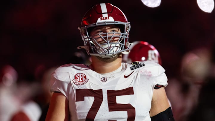 Dec 19, 2025; Norman, OK, USA; Alabama Crimson Tide offensive lineman Wilkin Formby (75) against the Oklahoma Sooners during the CFP National Playoff First Round at Gaylord Family Oklahoma Memorial Stadium. Mandatory Credit: Mark J. Rebilas-Imagn Images