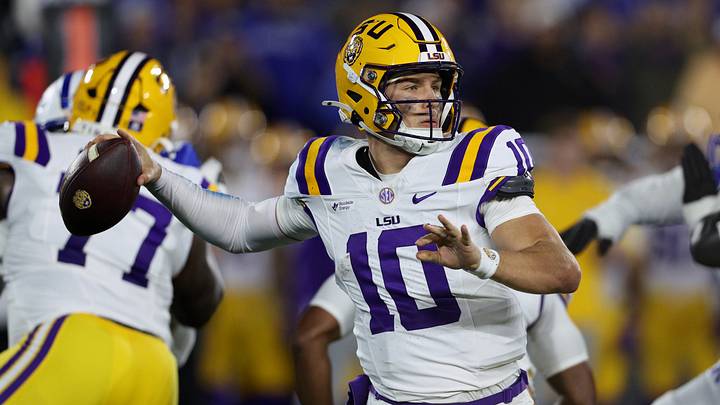 LSU Tigers quarterback Sam Leavitt (10) throws a pass during the first half against the Kentucky Wildcats
