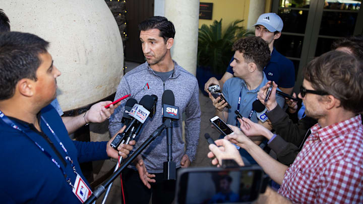 Nov 8, 2023; Scottsdale, AZ, USA; Arizona Diamondbacks general manager Mike Hazen speaks to the media during the MLB General Manager's Meetings at Omni Scottsdale Resort & Spa. Mandatory Credit: Mark J. Rebilas-Imagn Images