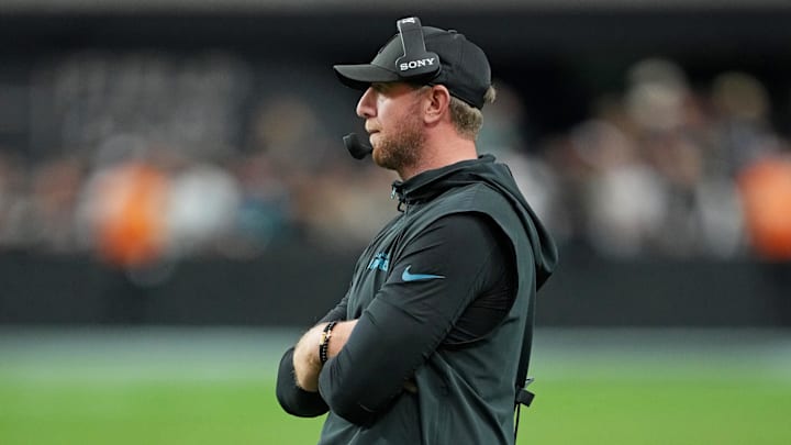 Nov 2, 2025; Paradise, Nevada, USA; Jacksonville Jaguars head coach Liam Coen looks on during the second half against the Las Vegas Raiders at Allegiant Stadium. Mandatory Credit: Kirby Lee-Imagn Images
