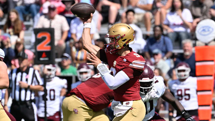 Aug 30, 2025; Chestnut Hill, Massachusetts, USA; Boston College Eagles quarterback Dylan Lonergan (9) throws a pass against the Fordham Rams during the first half at Alumni Stadium. Mandatory Credit: Eric Canha-Imagn Images