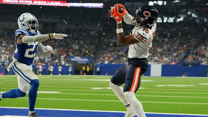 Rome Odunze hauls in his first career touchdown catch on a 1-yard pass from Caleb Williams against the Colts.