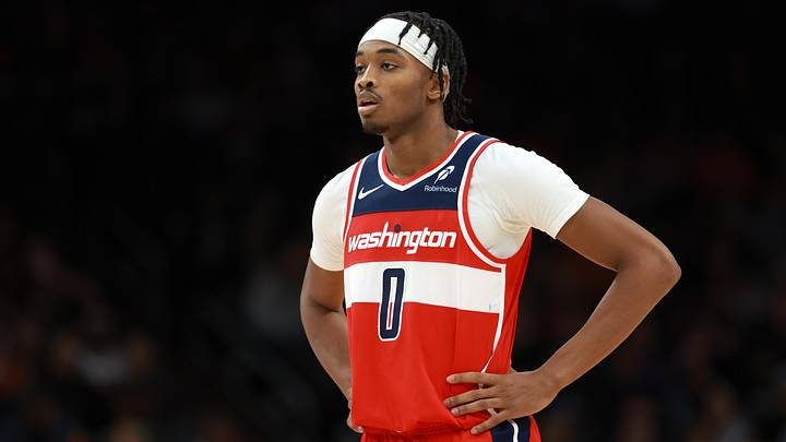 Jan 11, 2026; Phoenix, Arizona, USA; Washington Wizards guard Bilal Coulibaly (0) against the Phoenix Suns at Mortgage Matchup Center. Mandatory Credit: Mark J. Rebilas-Imagn Images