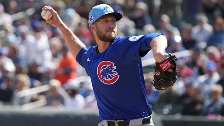 Mar 3, 2025; Salt River Pima-Maricopa, Arizona, USA; Chicago Cubs pitcher Caleb Kilian throws against the Arizona Diamondbacks in the first inning at Salt River Fields at Talking Stick.