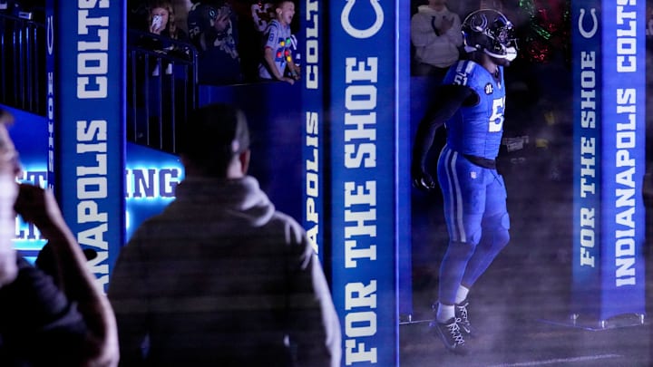 Indianapolis Colts defensive end Kwity Paye (51) takes the field Monday, Dec. 22, 2025, ahead of a game against the San Francisco 49ers at Lucas Oil Stadium in Indianapolis.