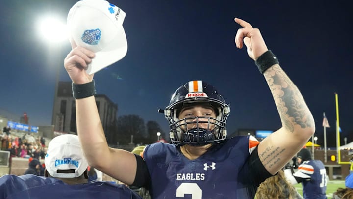 Nashville Christian's Jared Curtis (2) celebrates after the win over Columbia Academy in the TSSAA Bluecross Bowl on Thursday, Dec. 5, 2024, in Chattanooga, Tenn.