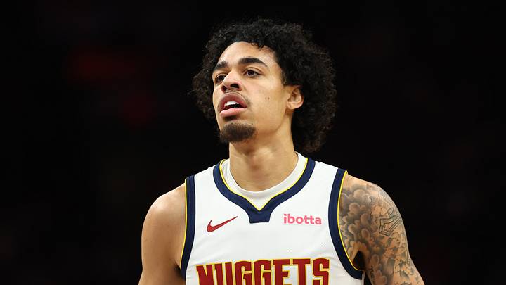 Mar 24, 2026; Phoenix, Arizona, USA; Denver Nuggets guard Julian Strawther (3) against the Phoenix Suns at Mortgage Matchup Center. Mandatory Credit: Mark J. Rebilas-Imagn Images