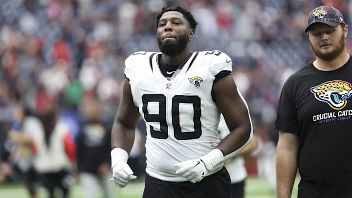 Sep 29, 2024; Houston, Texas, USA; Jacksonville Jaguars defensive tackle Esezi Otomewo (90) after the game against the Houston Texans at NRG Stadium. Mandatory Credit: Troy Taormina-Imagn Images Sep 29, 2024; Houston, Texas, USA; Jacksonville Jaguars defensive tackle Esezi Otomewo (90) after the game against the Houston Texans at NRG Stadium. Mandatory Credit: Troy Taormina-Imagn Images