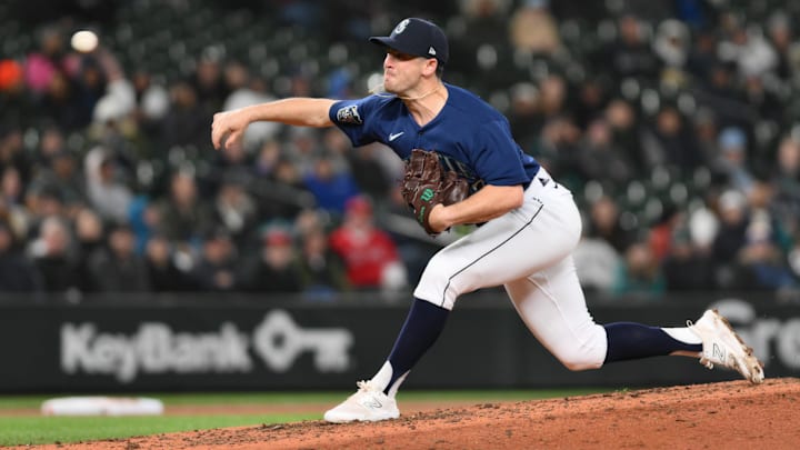 Seattle Mariners reliever Matt Festa throws during a game against the Los Angeles Angels on March 3, 2023, at T-Mobile Park. Seattle Mariners reliever Matt Festa throws during a game against the Los Angeles Angels on March 3, 2023, at T-Mobile Park.