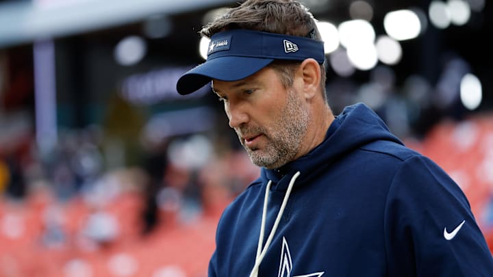 Dallas Cowboys head coach Brian Schottenheimer looks on during warmups before the game against the Washington Commanders 