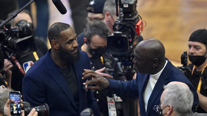 Feb 20, 2022; Cleveland, Ohio, USA; Lebron James and Michael Jordan on court during halftime during the 2022 NBA All-Star Game at Rocket Mortgage FieldHouse. Mandatory Credit: David Richard-Imagn Images