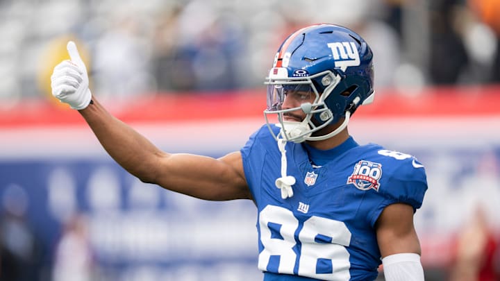 New York Giants wide receiver Darius Slayton gestures during warm ups.