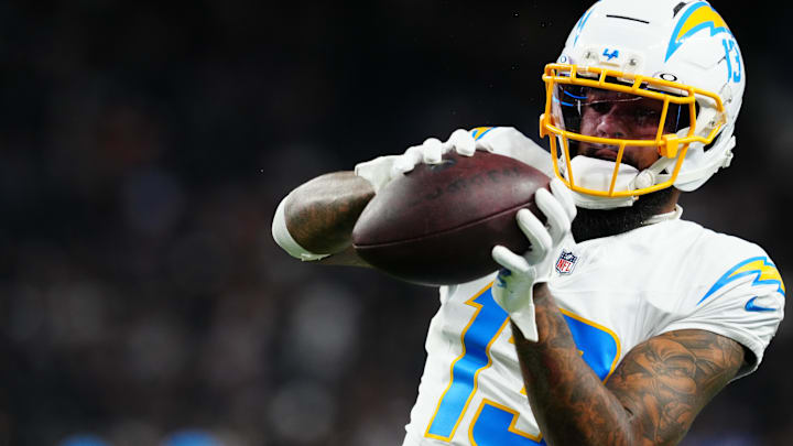 Sep 15, 2025; Paradise, Nevada, USA; Los Angeles Chargers wide receiver Keenan Allen (13) warms up before the game against the Las Vegas Raiders at Allegiant Stadium. Mandatory Credit: Stephen R. Sylvanie -Imagn Images