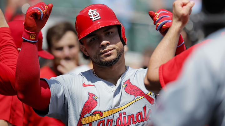 May 1, 2024; Detroit, Michigan, USA; St. Louis Cardinals catcher Willson Contreras (40) receives