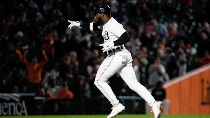 Detroit Tigers left fielder Akil Baddoo (60) runs the bases after hitting a home run.
