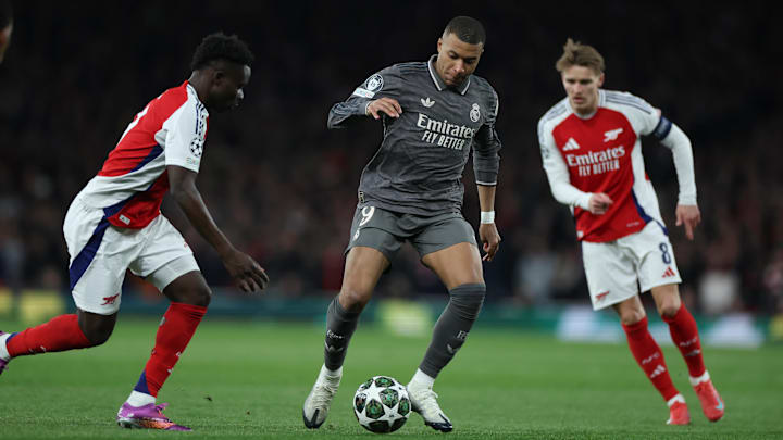 Kylian Mbappé (center) will lead the line for Real Madrid against Arsenal.