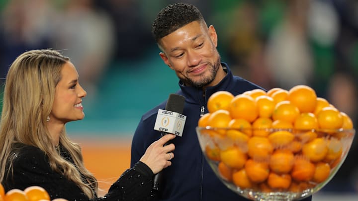 (EDITORS NOTE: caption correction) Jan 9, 2025; Miami, FL, USA; Notre Dame Fighting Irish head coach Marcus Freeman celebrates defeating the Penn State Nittany Lions  in the Orange Bowl at Hard Rock Stadium. Mandatory Credit: Sam Navarro-Imagn Images
