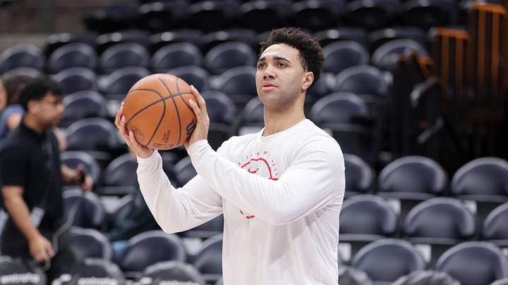 Mar 23, 2026; Salt Lake City, Utah, USA;  Toronto Raptors forward Trayce Jackson-Davis (32) shoots the ball before the game against the Utah Jazz at Delta Center. Mandatory Credit: Chris Nicoll-Imagn Images