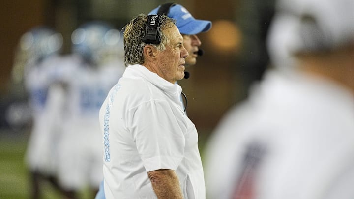 Sep 6, 2025; Charlotte, North Carolina, USA; North Carolina Tar Heels head coach Bill Belichick looks on at this team during the second half against the Charlotte 49ers at Jerry Richardson Stadium. Mandatory Credit: Jim Dedmon-Imagn Images