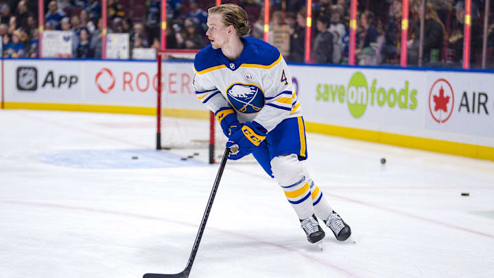 Mar 19, 2024; Vancouver, British Columbia, CAN; Buffalo Sabres defenseman Bowen Byram (4) skates during warm up prior to a game against the Vancouver Canucks at Rogers Arena. Mandatory Credit: Bob Frid-Imagn Images