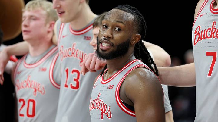 Feb 17, 2026; Columbus, Ohio, USA;  Ohio State Buckeyes guard Bruce Thornton (2) celebrates after the game against the Wisconsin Badgers at Value City Arena. Mandatory Credit: Joseph Maiorana-Imagn Images