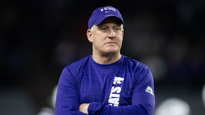 Dec 26, 2024; Phoenix, AZ, USA; Kansas State Wildcats head coach Chris Klieman prior to the game against the Rutgers Scarlet Knights during the Rate Bowl at Chase Field. Mandatory Credit: Mark J. Rebilas-Imagn Images