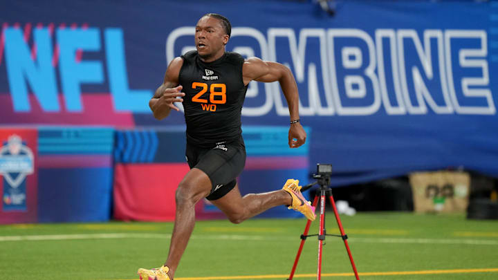 Mar 1, 2025; Indianapolis, IN, USA; Virginia Tech wideout Jaylin Lane (WO28) during the 2025 NFL Combine at Lucas Oil Stadium. Mandatory Credit: Kirby Lee-Imagn Images
