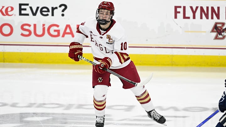 Feb 28, 2025; Chestnut Hill, MA, USA; Boston College forward James Hagens (10) skates against the University of New Hampshire Wildcats during the second period at Conte Forum. Mandatory Credit: Eric Canha-Imagn Images