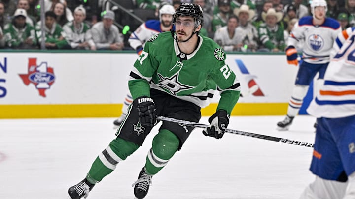May 29, 2025; Dallas, Texas, USA; Dallas Stars left wing Mason Marchment (27) in action during the game between the Dallas Stars and the Edmonton Oilers in game five of the Western Conference Final of the 2025 Stanley Cup Playoffs at American Airlines Center. Mandatory Credit: Jerome Miron-Imagn Images