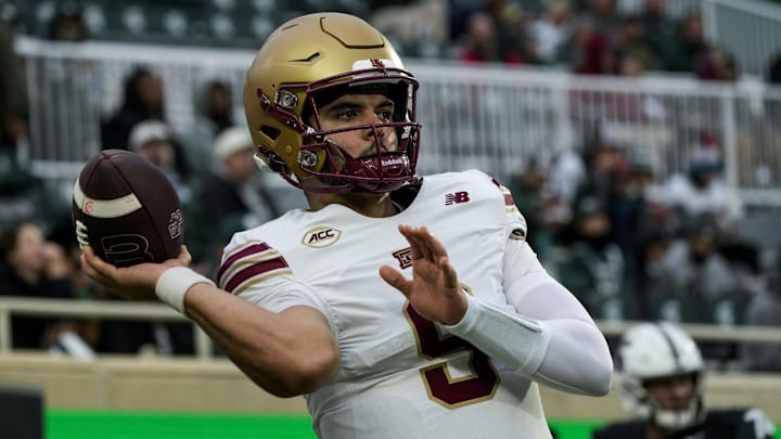 Sep 6, 2025; East Lansing, Michigan, USA; Boston College quarterback Dylan Lonergan (9) warms up before a game against Michigan State at Spartan Stadium. Mandatory Credit: Brendan Mullin-Imagn Images