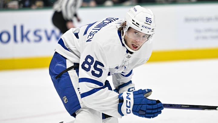 Dec 6, 2022; Dallas, Texas, USA; Toronto Maple Leafs center Semyon Der-Arguchintsev (85) in action during the game between the Dallas Stars and the Toronto Maple Leafs at American Airlines Center. Mandatory Credit: Jerome Miron-Imagn Images