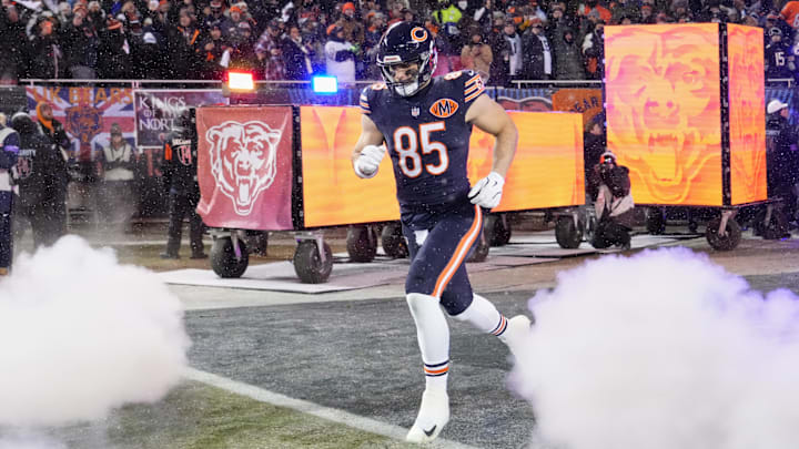 Jan 18, 2026; Chicago, IL, USA; Chicago Bears tight end Cole Kmet (85) runs onto the field during player introductions before an NFC Divisional Round game against the Los Angeles Rams at Soldier Field. Mandatory Credit: David Banks-Imagn Images