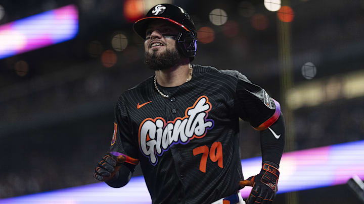 May 5, 2026; San Francisco, California, USA; San Francisco Giants catcher Jesus Rodriguez (79) looks on during the seventh inning against the San Diego Padres at Oracle Park. Mandatory Credit: Stan Szeto-Imagn Images
