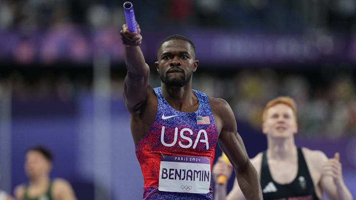 Aug 10, 2024; Saint-Denis, FRANCE;  Rai Benjamin (USA) celebrates winning the men's 4x400m final during the Paris 2024 Olympic Summer Games at Stade de France. Mandatory Credit: James Lang-Imagn Images