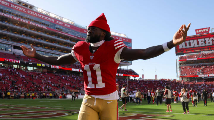 Oct 1, 2023; Santa Clara, California, USA; San Francisco 49ers wide receiver Brandon Aiyuk (11) celebrates after the game against the Arizona Cardinals at Levi's Stadium. Mandatory Credit: Sergio Estrada-USA TODAY Sports