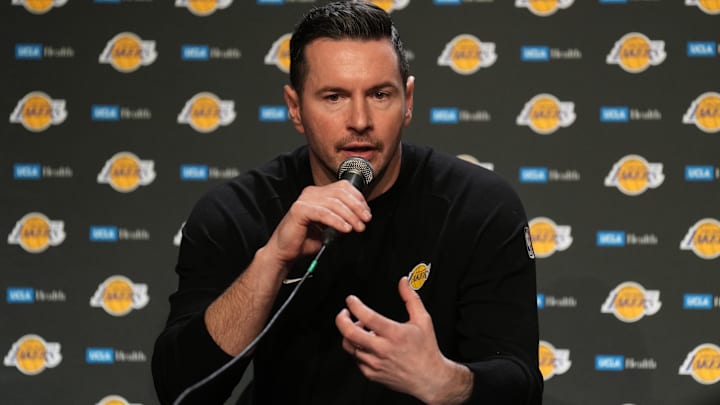 Los Angeles Lakers head coach JJ Redick talks to media members after defeating the Golden State Warriors at Chase Center.