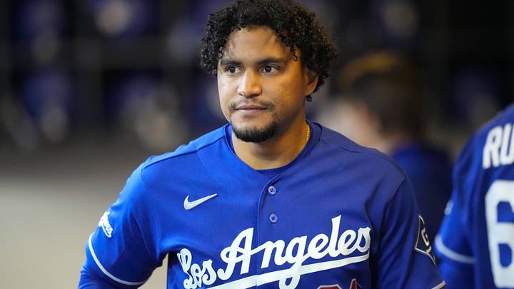 May 23, 2026; Milwaukee, Wisconsin, USA;  Los Angeles Dodgers third baseman Santiago Espinal (21) prior to the game against the Milwaukee Brewers at American Family Field. Mandatory Credit: Jeff Hanisch-Imagn Images