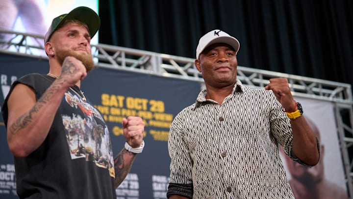 Sep 13, 2022; Glendale, Arizona, USA; Anderson Silva, right, and Jake Paul pose for a photo during a