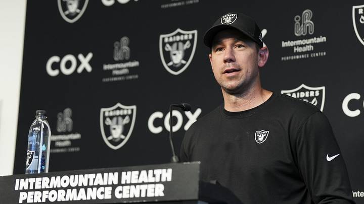 May 20, 2026; Henderson, NV, USA; Las Vegas Raiders head coach Klint Kubiak speaks during a news conference during organized team activities at Intermountain Health Performance Center. Mandatory Credit: Candice Ward-Imagn Images