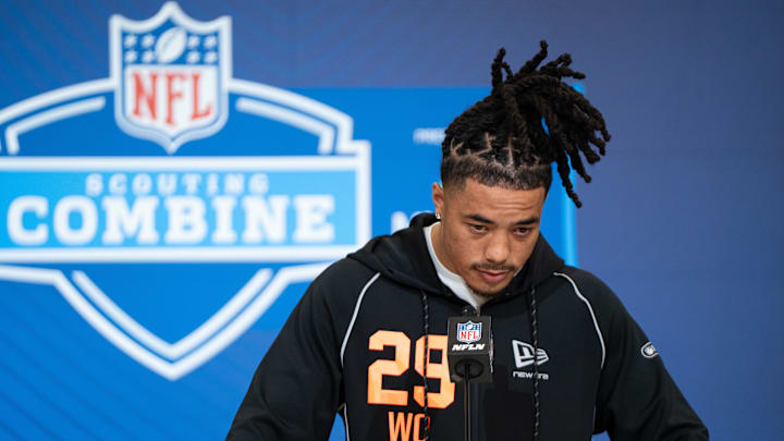 USC Trojans wideout Makai Lemon speaks to members of the media during the NFL Combine at the Indiana Convention Center. 