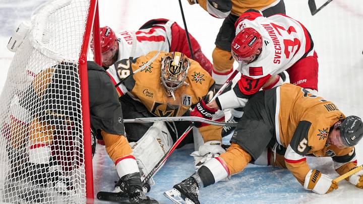 Jun 6, 2026; Las Vegas, Nevada, USA; Carolina Hurricanes right wing Andrei Svechnikov (37) scores a goal against Vegas Golden Knights goaltender Carter Hart (79) during the third period in game three of the 2026 Stanley Cup Final at T-Mobile Arena. Mandatory Credit: Lucas Peltier-Imagn Images Jun 6, 2026; Las Vegas, Nevada, USA; Carolina Hurricanes right wing Andrei Svechnikov (37) scores a goal against Vegas Golden Knights goaltender Carter Hart (79) during the third period in game three of the 2026 Stanley Cup Final at T-Mobile Arena. Mandatory Credit: Lucas Peltier-Imagn Images