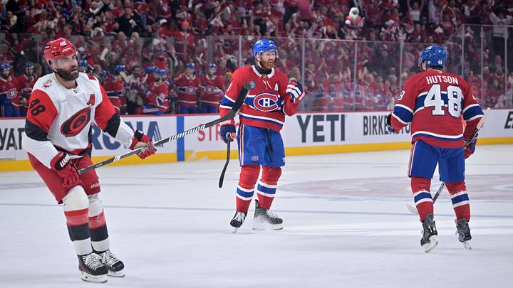 May 25, 2026; Montreal, Quebec, CAN; Montreal Canadiens defenseman Mike Matheson (8) celebrates with Montreal Canadiens defenseman Lane Hutson (48) after a goal during the first period against the Carolina Hurricanes in game three of the Eastern Conference Final of the 2026 Stanley Cup Playoffs at Bell Centre. Mandatory Credit: Eric Bolte-Imagn Images