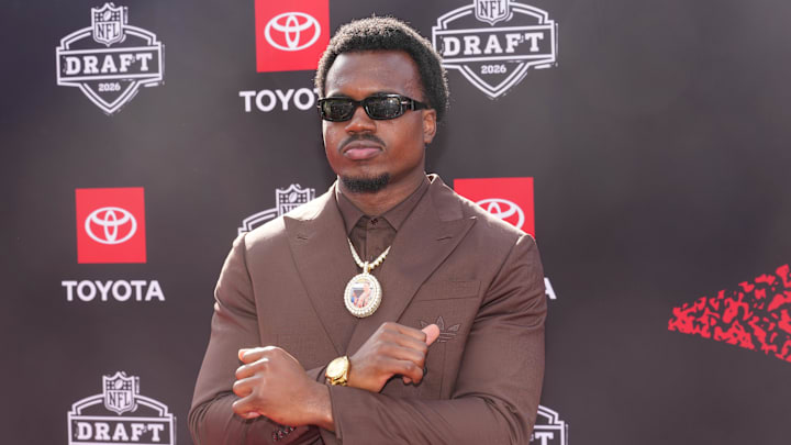 Apr 23, 2026; Pittsburgh, PA, USA; Miami Hurricanes defensive end Rueben Bain Jr. poses on the red carpet before the 2026 NFL Draft at Point State Park. Mandatory Credit: Kirby Lee-Imagn Images
