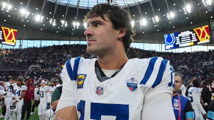 Oct 4, 2026; Tottenham, ENG; Indianapolis Colts quarterback Daniel Jones (17) reacts after the game against the Washington Commanders at Tottenham Hotspur Stadium. Mandatory Credit: Kirby Lee-Imagn Images Oct 4, 2026; Tottenham, ENG; Indianapolis Colts quarterback Daniel Jones (17) reacts after the game against the Washington Commanders at Tottenham Hotspur Stadium. Mandatory Credit: Kirby Lee-Imagn Images