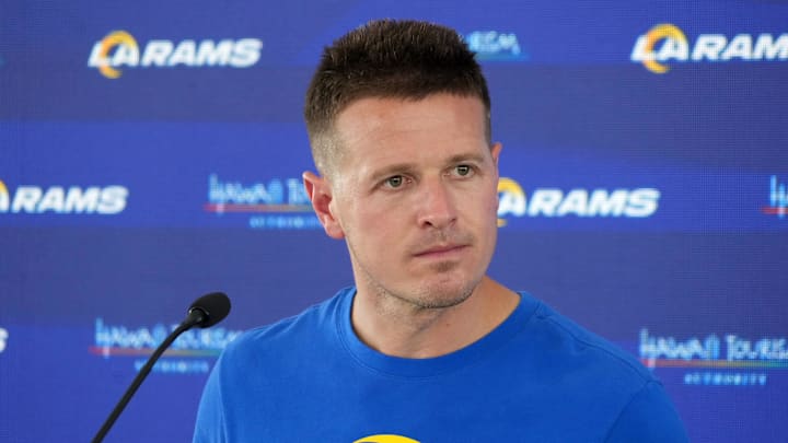 Jun 3, 2025; Woodland Hills, CA, USA; Los Angeles Rams offensive coordinator Mike LaFleur at press conference during organized team activities at Rams Practice Facility. Mandatory Credit: Kirby Lee-Imagn Images Jun 3, 2025; Woodland Hills, CA, USA; Los Angeles Rams offensive coordinator Mike LaFleur at press conference during organized team activities at Rams Practice Facility. Mandatory Credit: Kirby Lee-Imagn Images