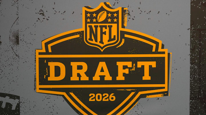 Feb 6, 2026; San Francisco, CA, USA; The 2026 NFL Draft logo at the Super Bowl LX Experience at the Moscone Center. Mandatory Credit: Kirby Lee-Imagn Images