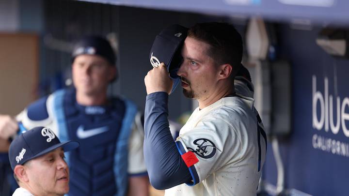May 9, 2026; Los Angeles, California, USA; Los Angeles Dodgers pitcher Blake Snell (7) in the dugout prior to his first start of the season in game against the Atlanta Braves at Dodger Stadium. Mandatory Credit: Kiyoshi Mio-Imagn Images